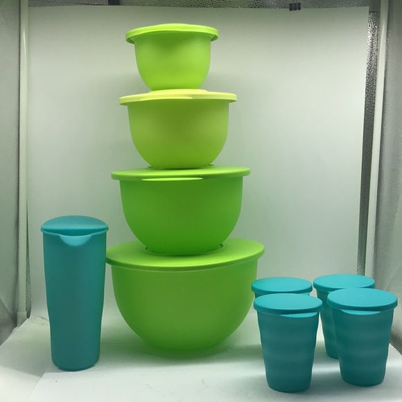 Tupperware Impressions Classic  Bowl  (4) & Jug (4) Tumbler Green & Blue Color - Picture 5 of 16